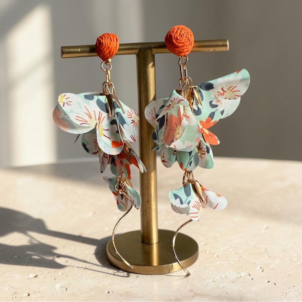Beautiful Floral Fabric Drop Earrings with Orange Knot Top light layer chain